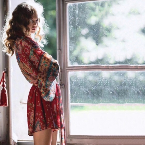 Boho Gypsy Ruby Floral Lotus Print Kimono Romper - Picture 4 of 7